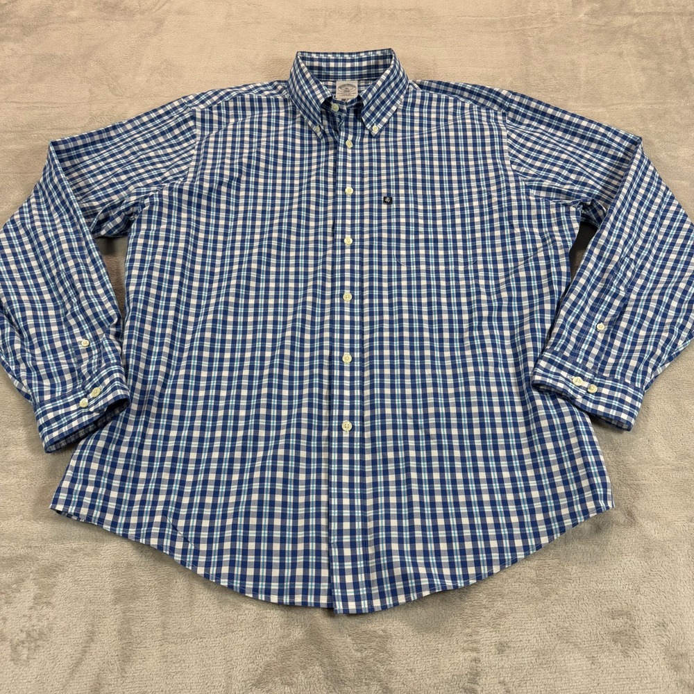 Brooks Brothers 346 Mens XL Slim Fit Blue White Check Button Down Shirt Cotton